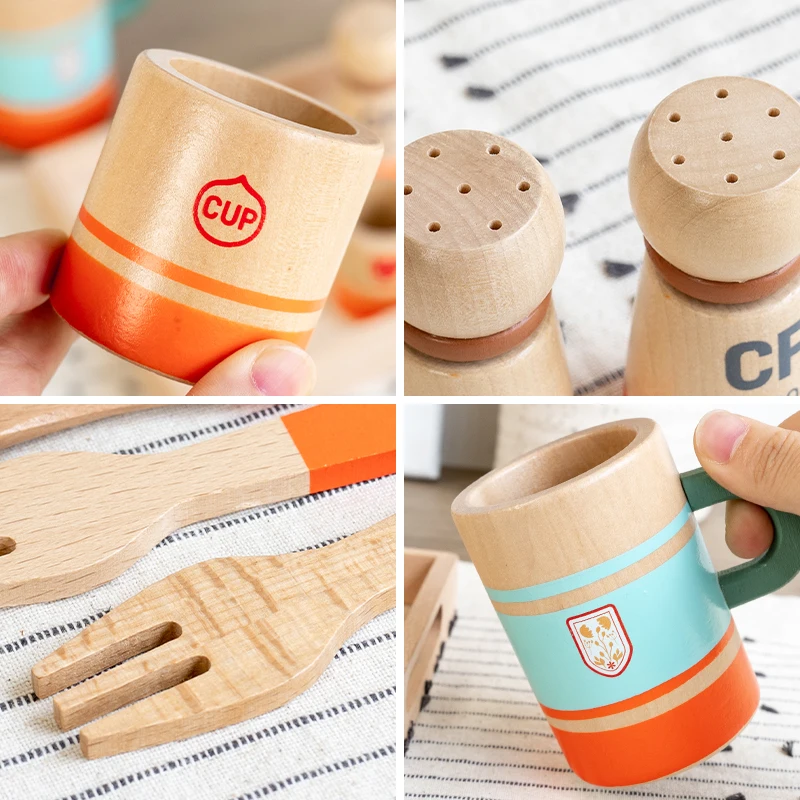 مجموعة أدوات مائدة خشبية متباينة باللونين البرتقالي والأزرق أدوات مطبخ واقعية + قطع زخرفية ممتعة لعب الأدوار للأطفال #4