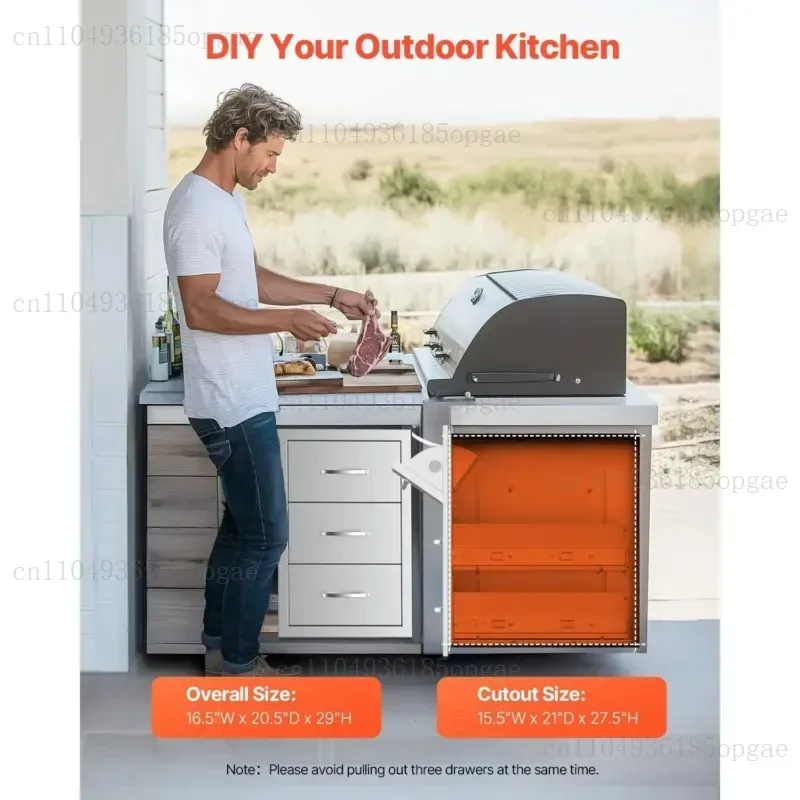 Three-channel stainless steel recessed cabinets for outdoor kitchens, measuring 16.5 inches wide x 29 inches high x 20.5