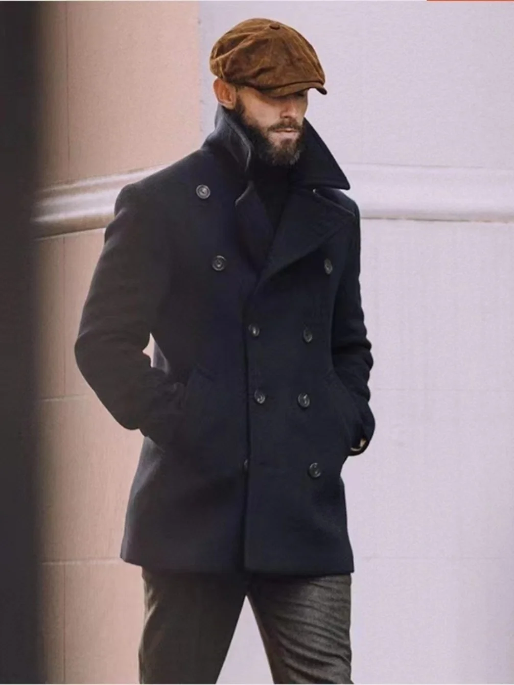 

Ele Navy Woolen Coat Vintage Men's High Street Mid-Length Long Sve Outerwear Autumn Winter Men's Faion Coat