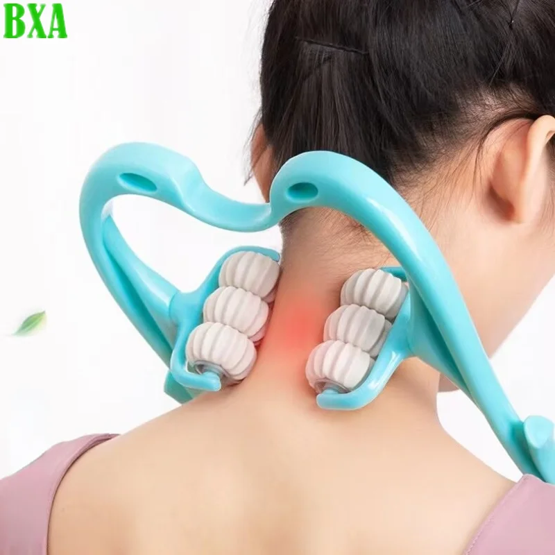 Massageador cervical multifuncional para pescoço, clip artefato, seis rodas, amassar, manual, uso doméstico, rosa, azul, 1pc