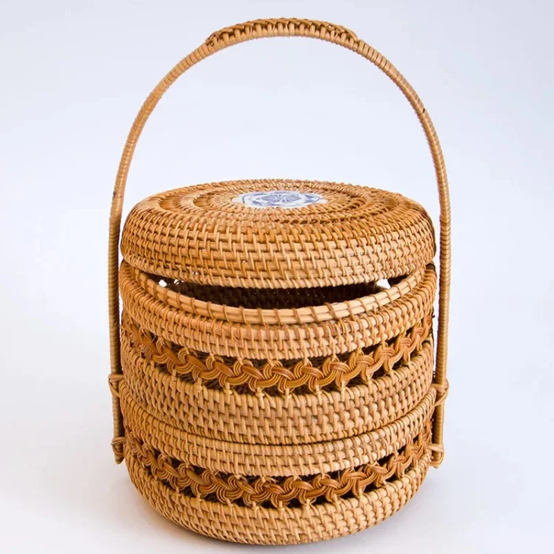 Handwoven Double-Layer Rattan Basket Portable Picnic Tray Cake & Bread Storage Fruit Lunch Box Container Outdoor Storage