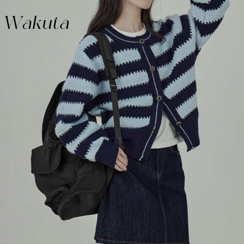 WAKUTA Fashion Classic Round Neck Long Sleeve Black and White Striped Sweaters Retro Loose Japan and South Korea Knit Cardigan