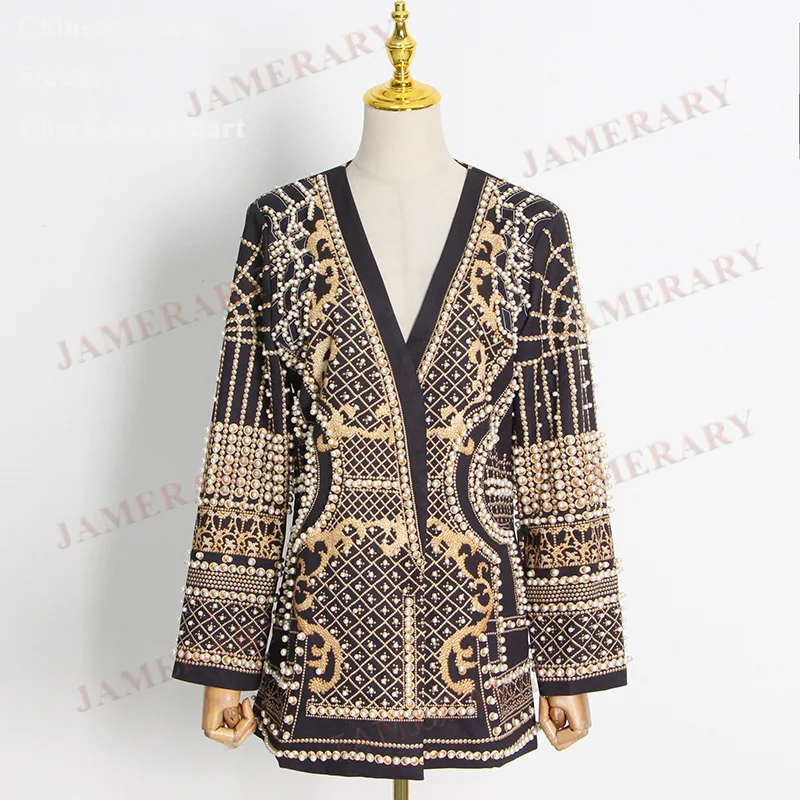 

Quality Spring Autumn Pearl Blazers Women Suit Coats Elegant Fashion Jackets Outfits Office Lady Luxury