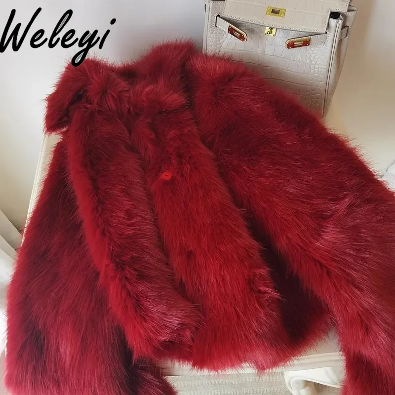 

Winter Retro Thickened Red Plush Short Coat Loose Turn Down Collar Imitation Fox Fur Environmentally Friendly Furry Coats Women