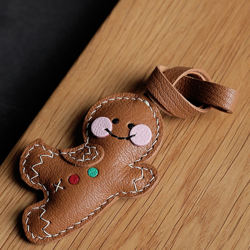 Handmade Leather Gingerbread Man KeyChain Cute Christmas KeyRing Bag Charm Christmas Ornament