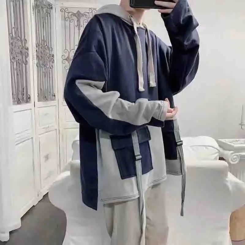 Spring Spliced Hit Color Hooded Long Sleeve Men T Shirt Student Fashion Casual Harajuku Oversized Pullover Hip Hop Punk Clothing