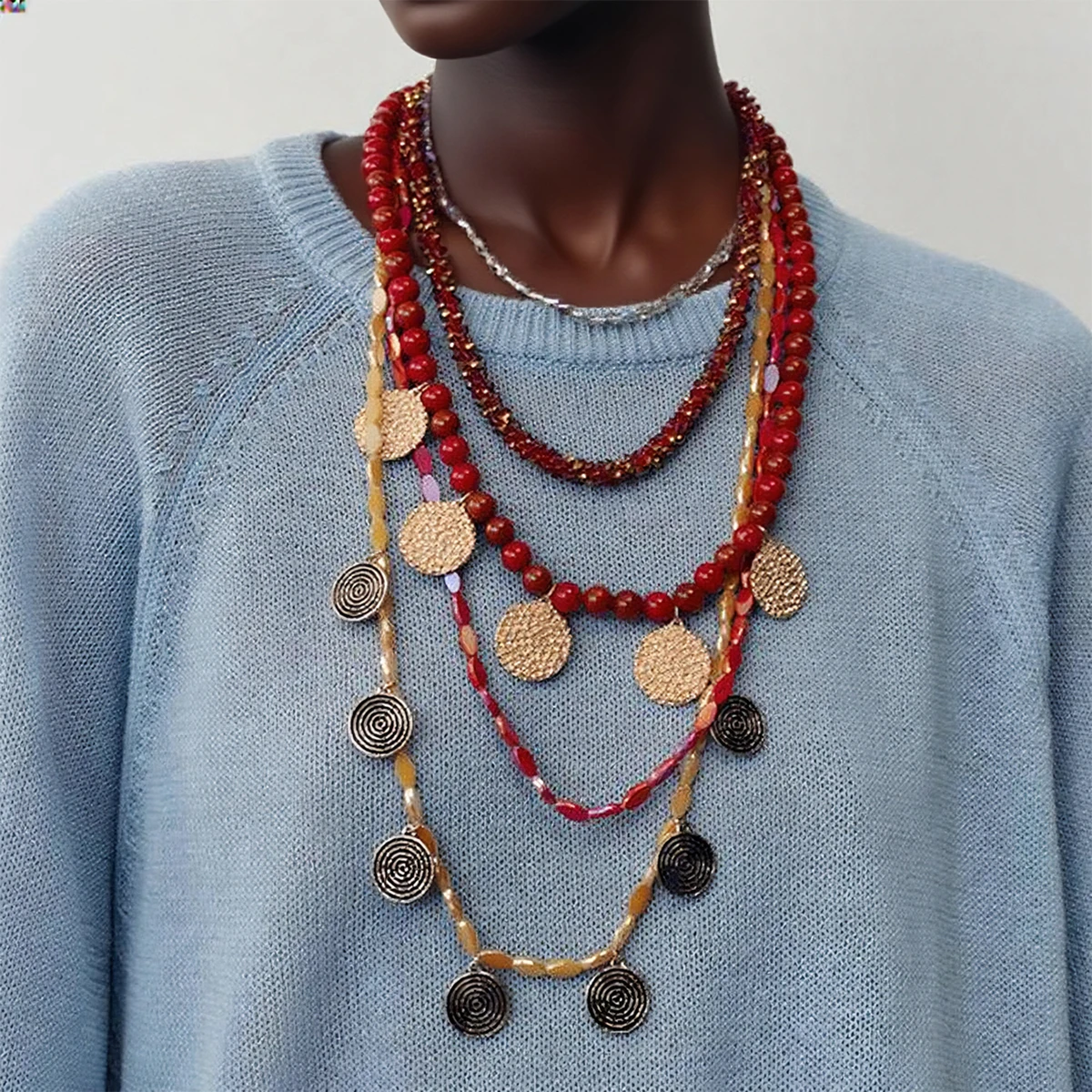 

ZAA Multi-layer Resin Beaded Tassels Geometric Coin Pendant Necklaces for Women Bohemia Style Jewelry Neck Accessories