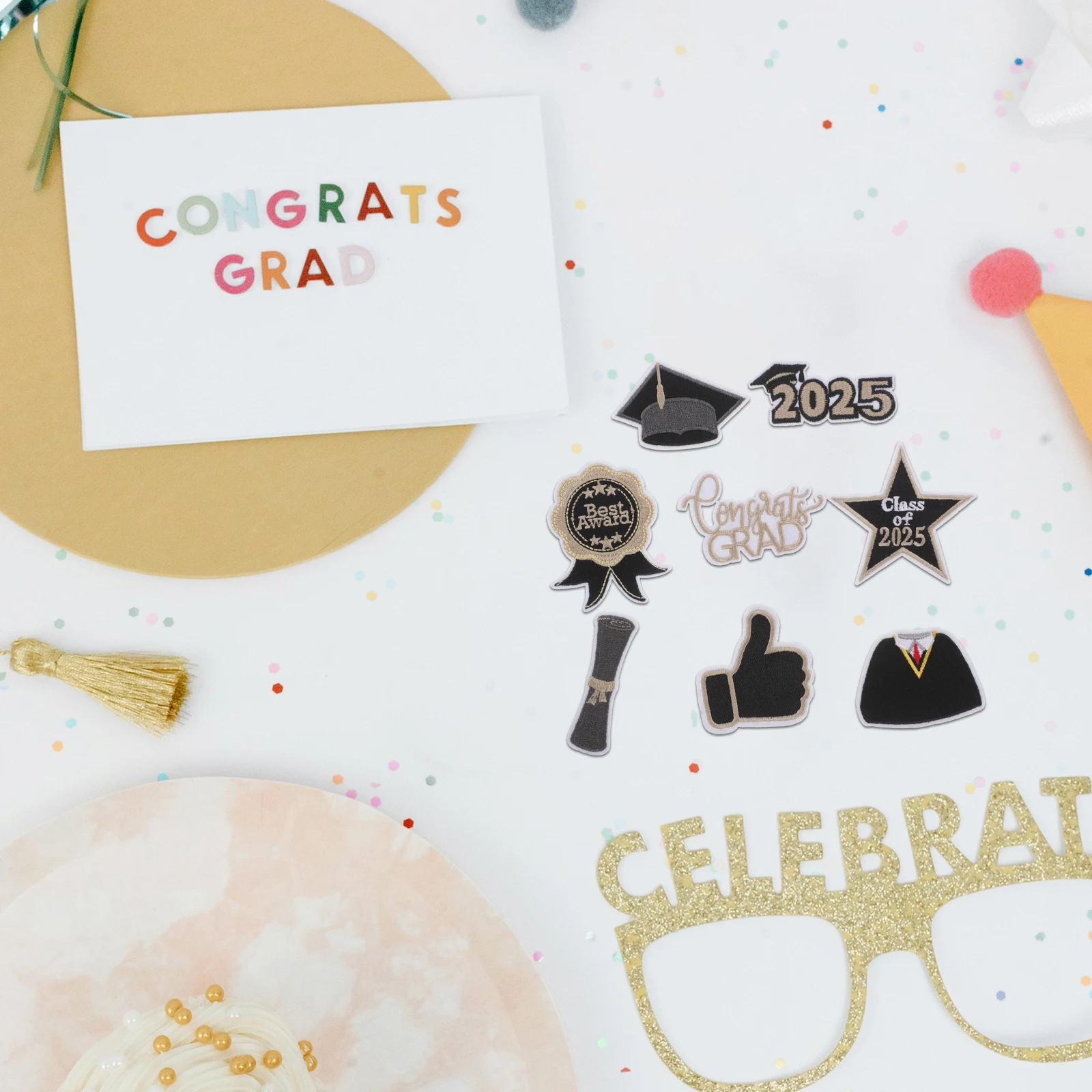 

8pcs Embroidered Cloth Patch Graduation Cap Letters Iron On Sewing Patches Fabric Applique DIY Clothes Jean Jacket Hat Set