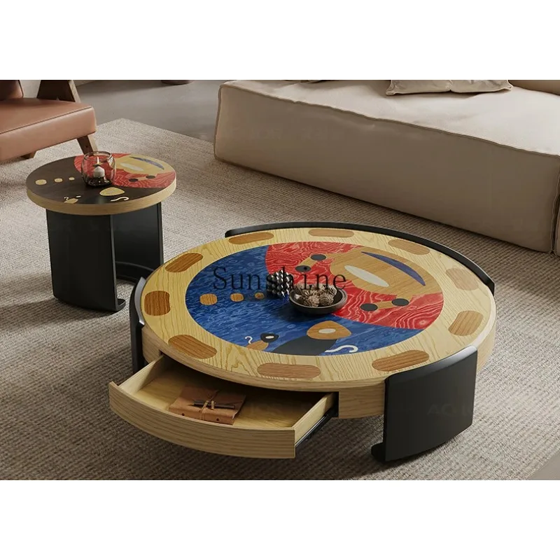 

Medieval style living room household round coffee table combination natural veneer tea table