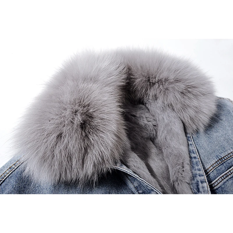 Fox Fur Collar Rabbit Fur Liner Denim Jacket Women Loose Back Zipper Cowboy Outerwear Winter Thick Warm Jeans Jacket Coat Female