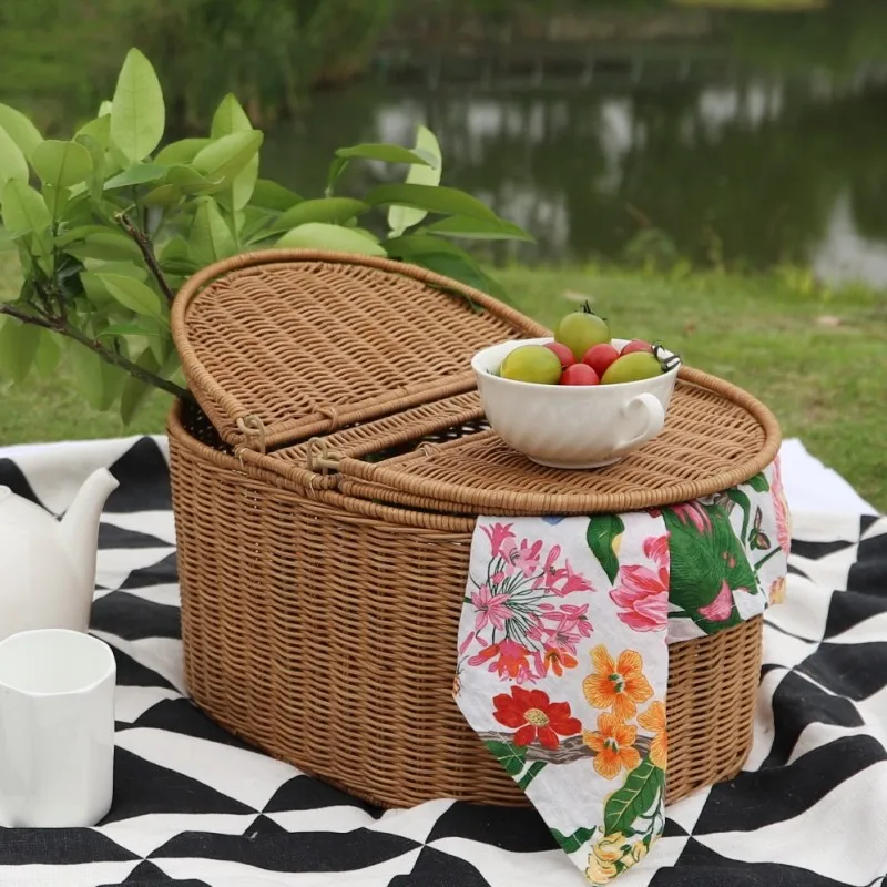 

Vine camping equipment rattan picnic with cover outdoor camping meal outing storage basket