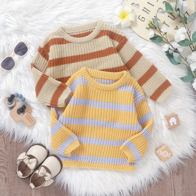 

RUEWEY 6 Months to 3 Years Newborn Baby Sweater Casual Stripe Print Warm Knitted Long Sleeve Pullover Infant Knitwear