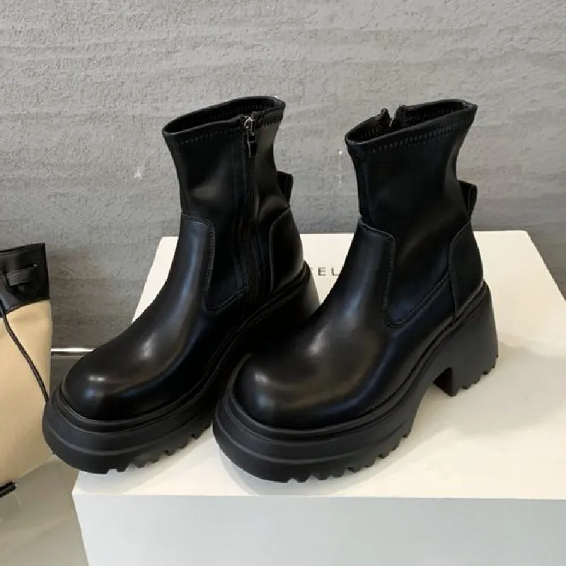 

Черные женские ботильоны на массивном каблуке с боковой молнией и круглым носком на платформе Botines, байкерские ботинки из мягкой кожи, женские Botines De Mujer