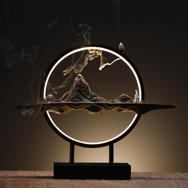 Chinese Style Mountain Waterfall Ceramic Backflow Incense Round LED Light Censer Home Decor