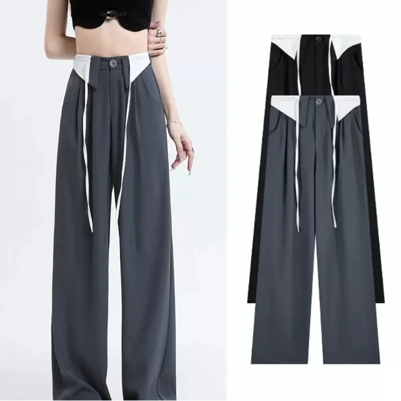 

Korean Fashion Office Ladies Elegant Black Straight Suit Trousers New High Waist Pants for Women Patchwork Color Loose Trousers