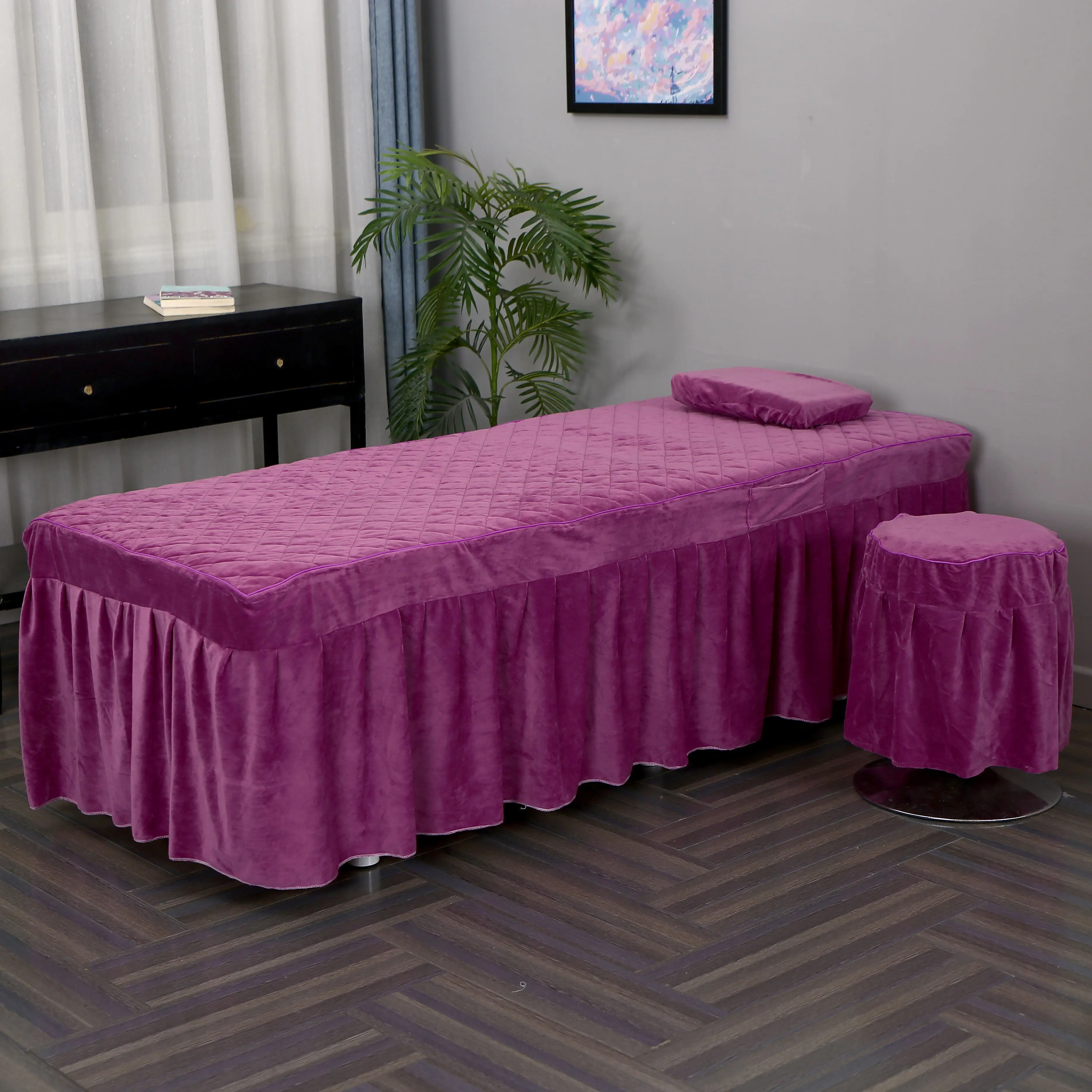 Juego de 2 piezas de terciopelo de cristal para salón de belleza, falda de cama + funda de almohada, mesa de masaje agradable para la piel, funda de cama, sábana con agujero