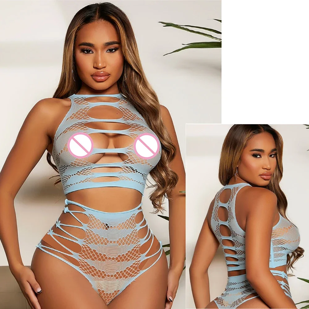 Sexy Fishnet Bodysuits Lingerie For Women Lady Two Piece Suit Jumpsuit Underwear Female Erotic Mesh Hollow Out Bodycon Costume