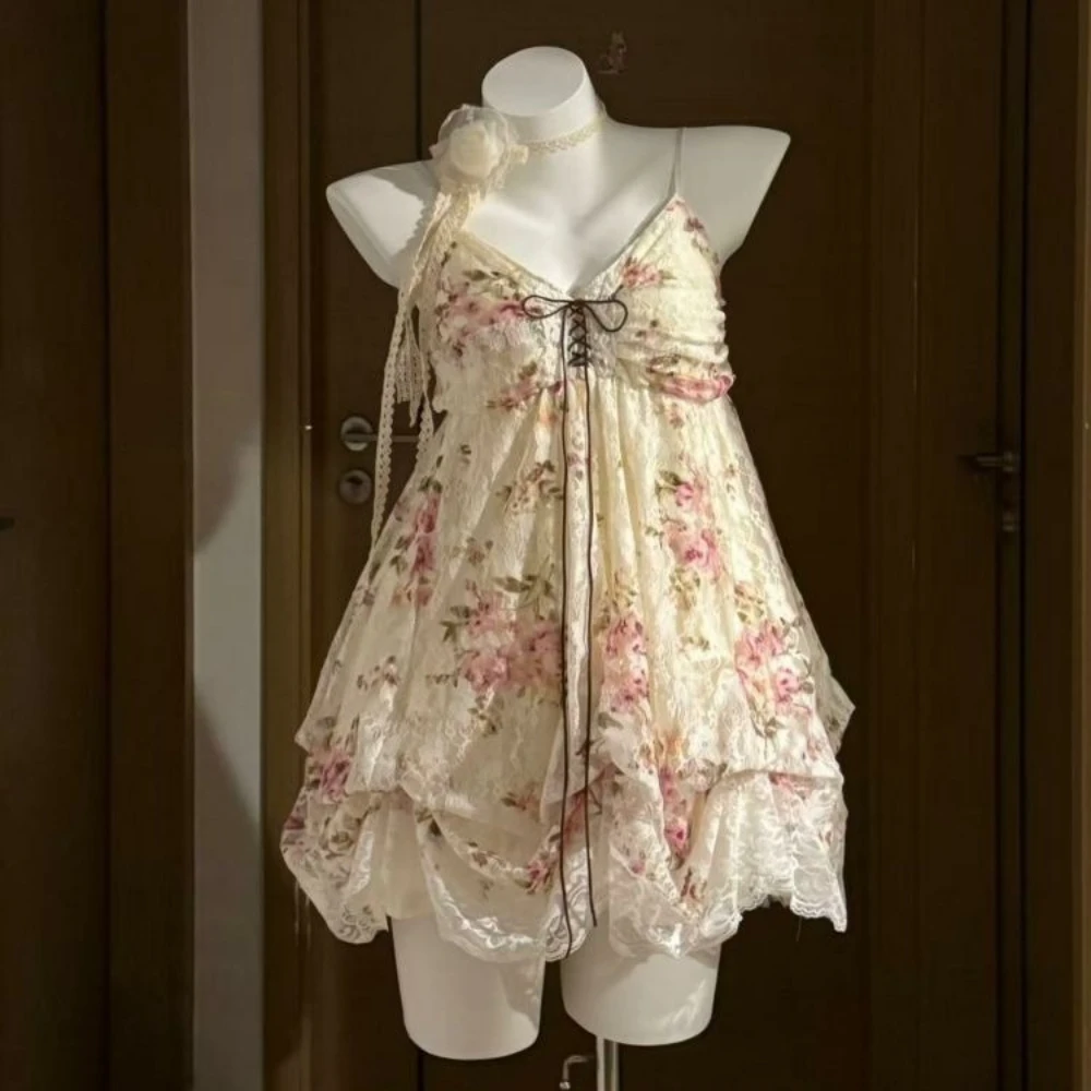 French Vintage Dress Lace Tulle Trim Ruffle Spaghetti Strap Lace Up Front Bubble Hem Mini Dress Sweet Fairy Style Women Wear view 3