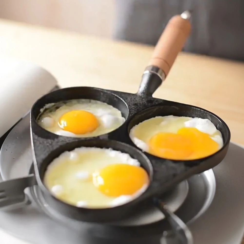 3/4/5 Hole Frying Pan Wooden Handle Non-stick Griddle Pancake Steak Pan Omelet Pan Breakfast Burger Egg Pancake Maker