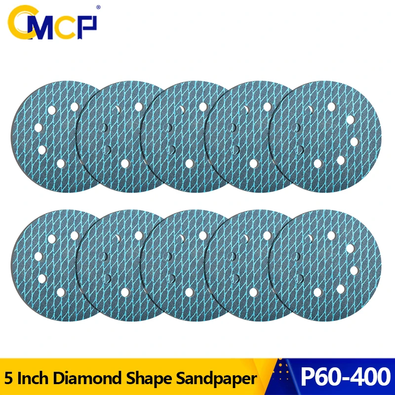 CMCP 10pcs 5lnch 125mm Diamond Shape Sanding Disc Orbital Sander Sandpaper 8 Hole Hook and Loop Pads Polishing Tools Grit 60-400
