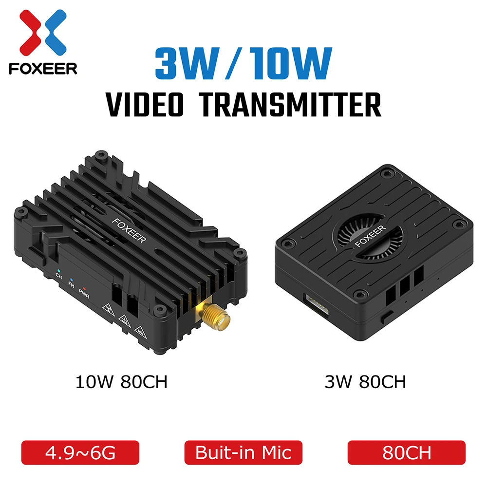 FOXEER Reaper Extreme 3W 10W V2 VTX FPV Transmissor de vídeo 80CH 4.9 ~ 6G Ventilador de microfone embutido para avião drone de longo alcance