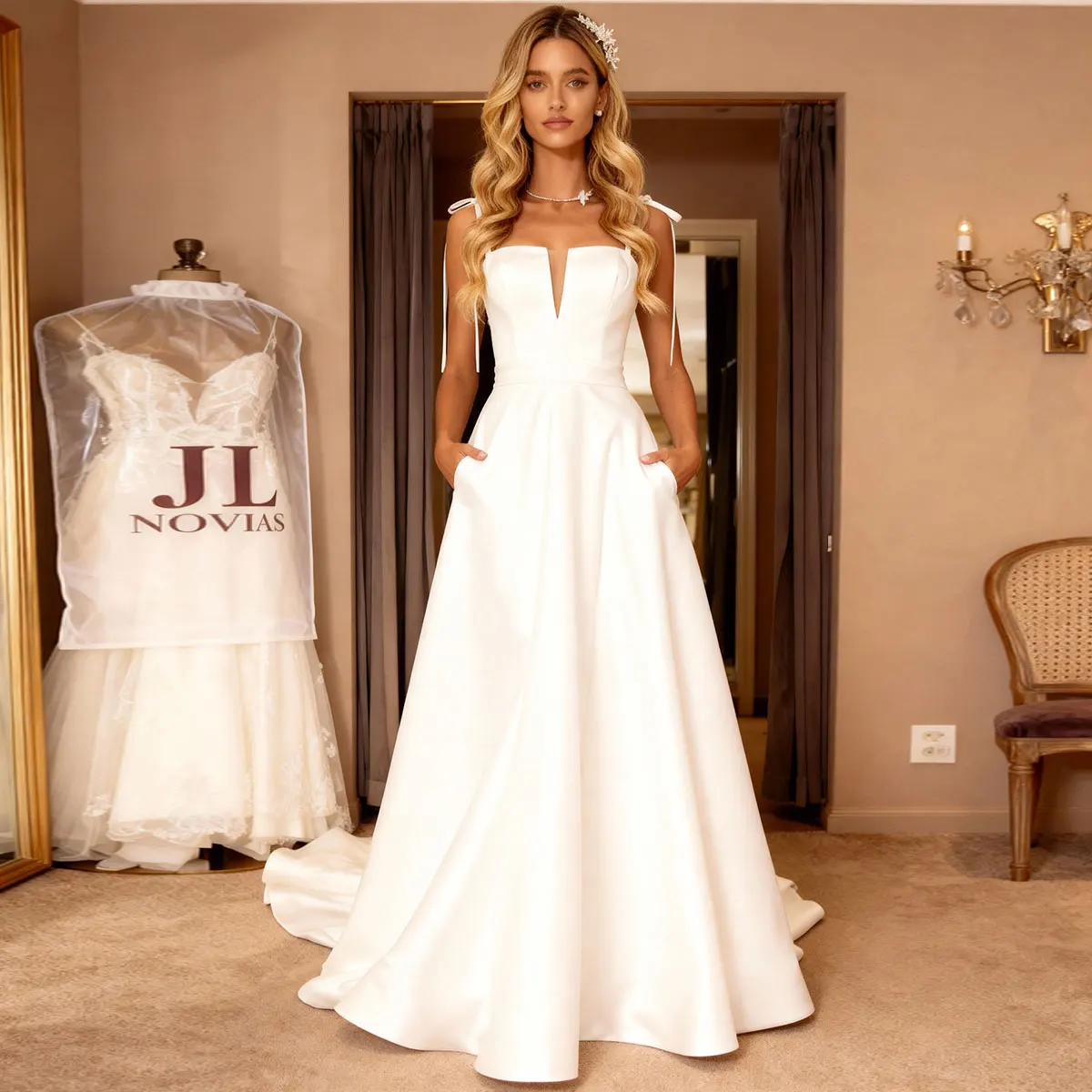 

Vestidos Novia Spaghetti Strap Corset Wedding Dresses With Train Satin Sleeveless Ball Gown Backless Bridal Gown Long Elegant