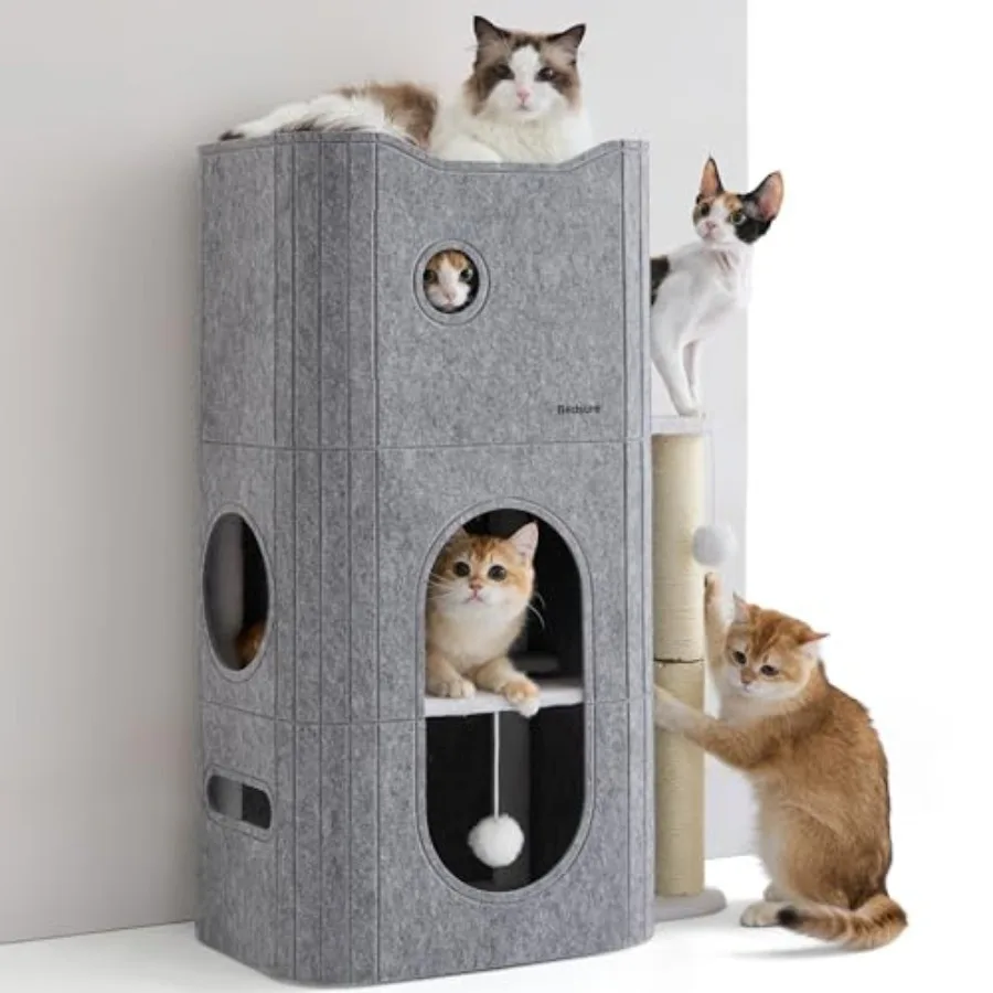 

Indoor cat bed: plush fabric gray cozy cave design with fluffy ball and scratching post for play sleep and hideaway
