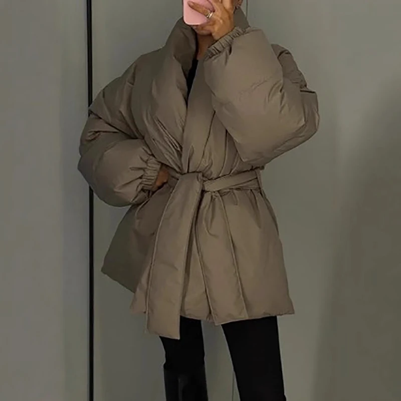 Solid Color Belted Cotton Coat for Women Autumn Stand Collar Wrap Front Loose Jacket Retro Thick Warm Long Sleeved Outerwear
