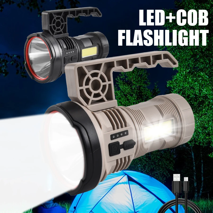 Powerful Multifunctional LED COB Flashlight Type-C Rechargeable with Power Display Outdoor Portable Camping Emergency Torch