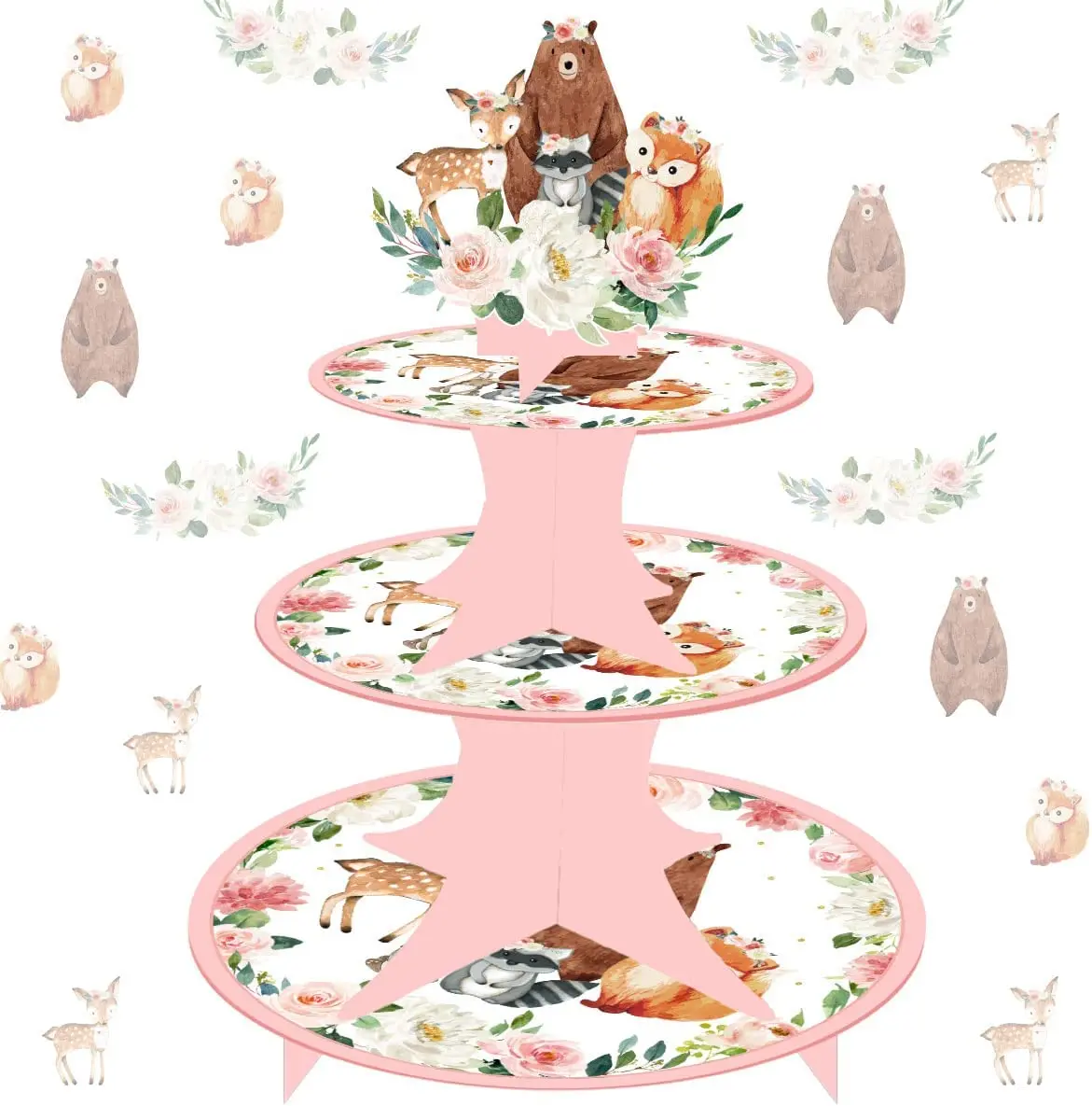 Pink Woodland Animal Birthday Cardboard Cupcake Stand for Girls 3-Tier Cake Dessert Tower Holder for Baby Shower Wedding Decor