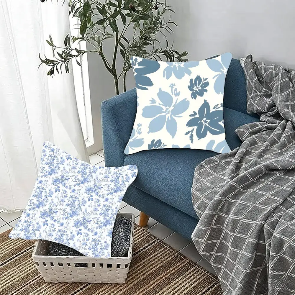 Delicate Serene B-Blue Floral Cushion Cover Fluffy velvet Nordic style plush Living room sofa decorative