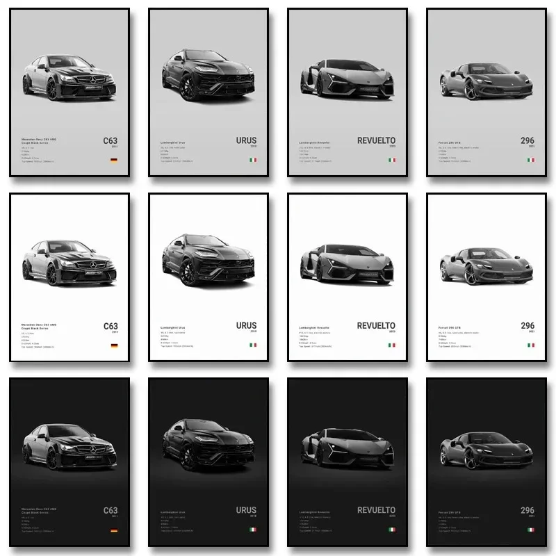 Black and White Porsche Posters and Prints Modern Cool Sports Car Canvas Painting Wall Art Pictures Home Bar Room Decoration