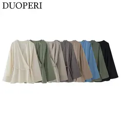 DUOPERI Women Fashion Loose Kimono Blouse V-Neck Long Puff Sleeves Feamle Chic Lady Casual Vintage Tops Shirt