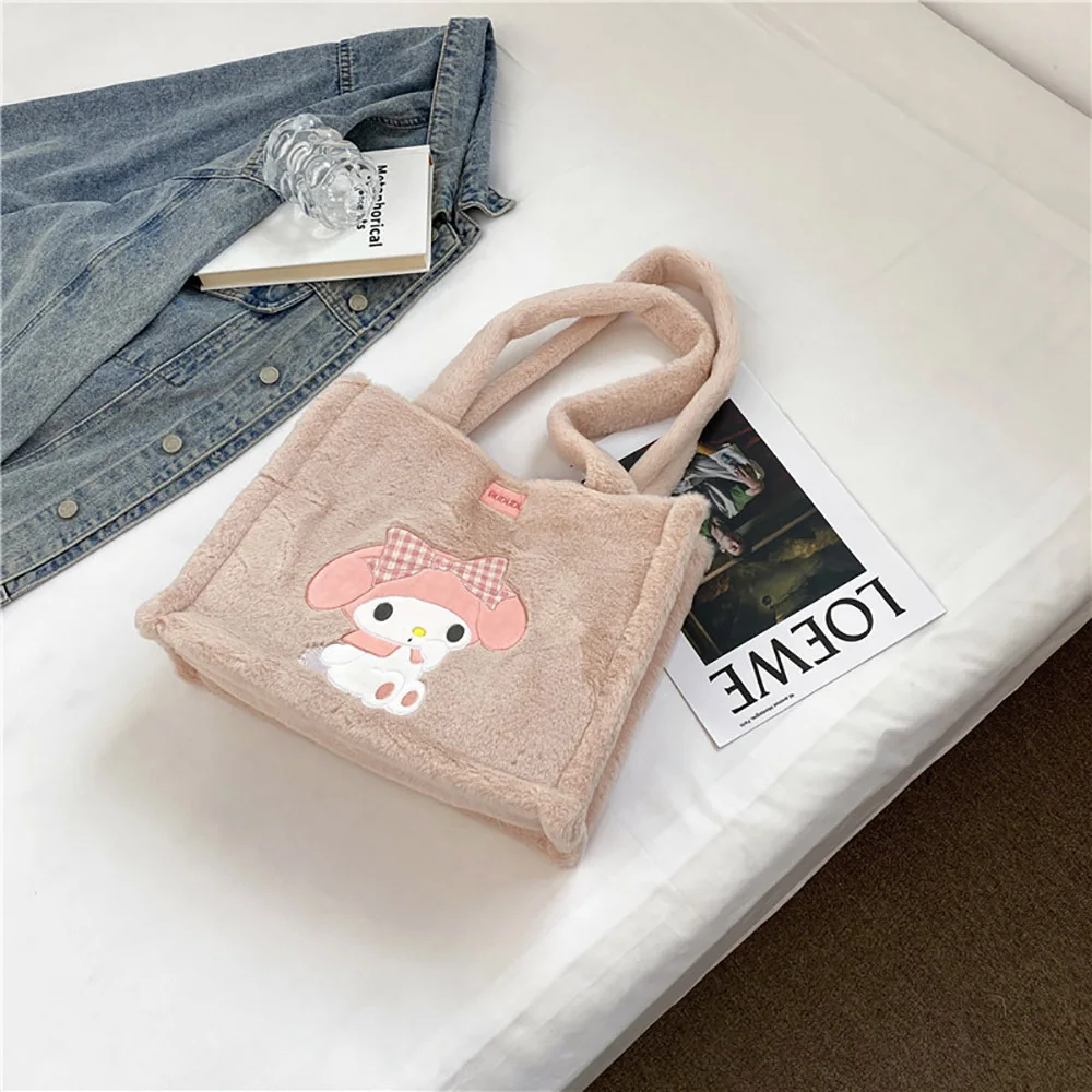 Sanrio Plush Bag Kuromi Cinnamorol Mymelody Kawaii Furry Handbag Versatile Large Capacity School Bag Plush Tote Satchel Backpack