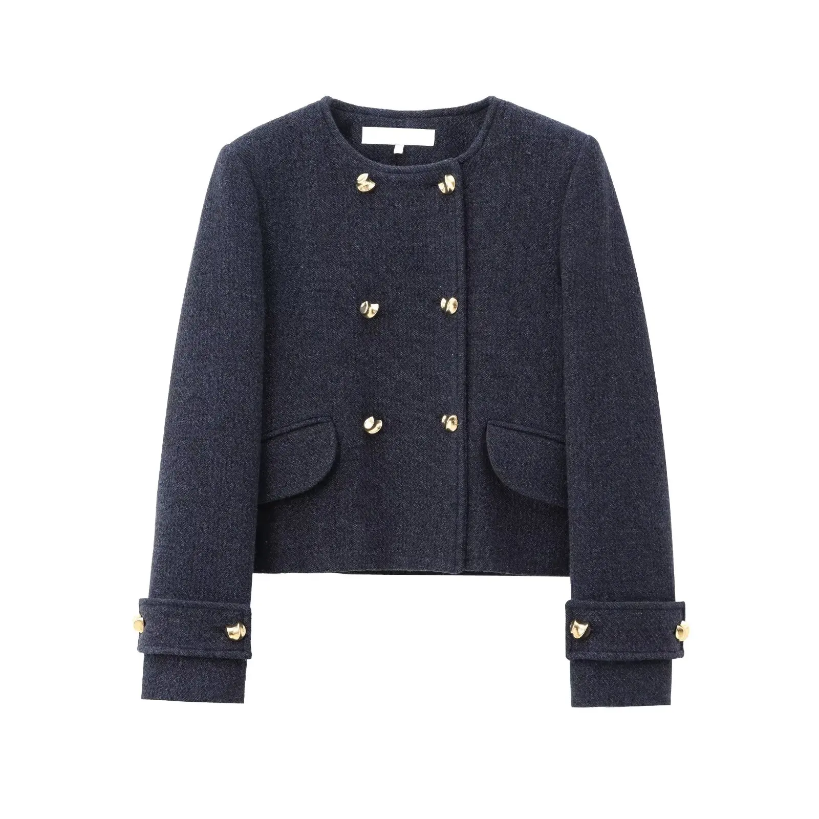 TRAFZA Women New Fashion Vintage Series Double-Breasted Wool Blended Textured Coat Female Round Neck Long-Sleeved Casual Jacket