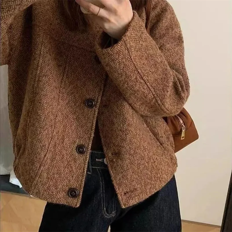 

Small Fragrance Woolen Coat Women's 2026 Autumn Winter New Explosion Jacket Korean Ladies Outerwear Sweet Short Brown Overcoat