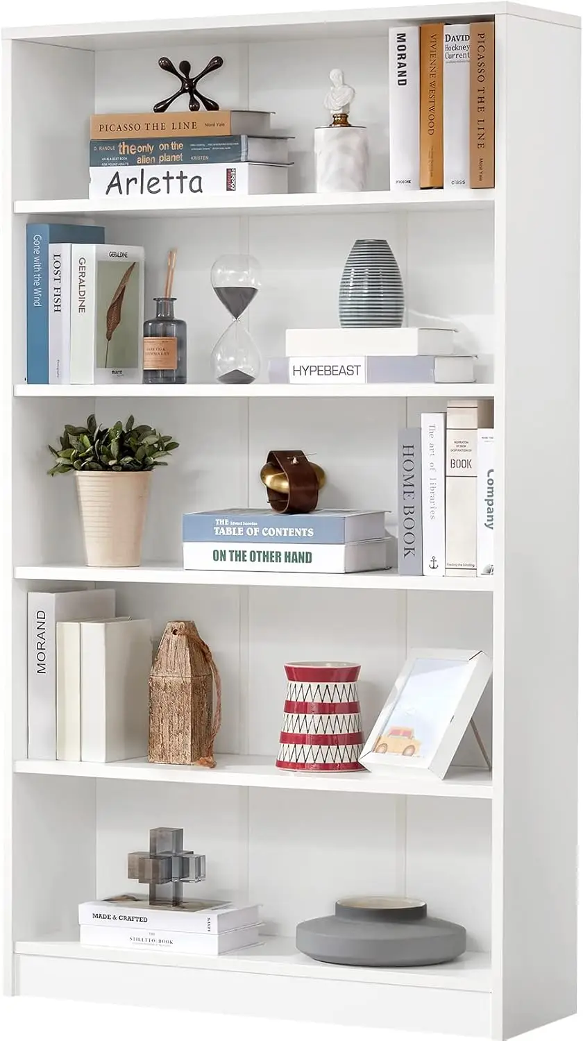 White Bookshelf for Bedroom 5 Shelf Office Bookcase 60 Inches Tall Modern Wood Bookshelf for Living Room 5 Tier Wide Mang