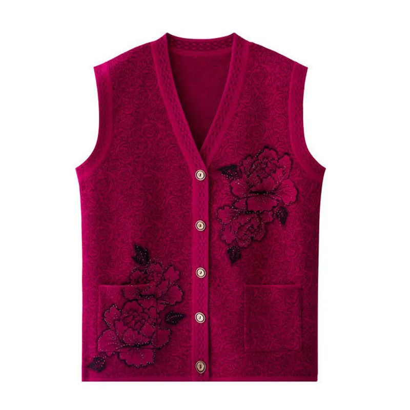 Middle-Aged Old Women Vest Sweater 2025 New Spring Autumn Knitted Waistcoat Jacket V-Neck Sleeveless Knitwear Coat Tops