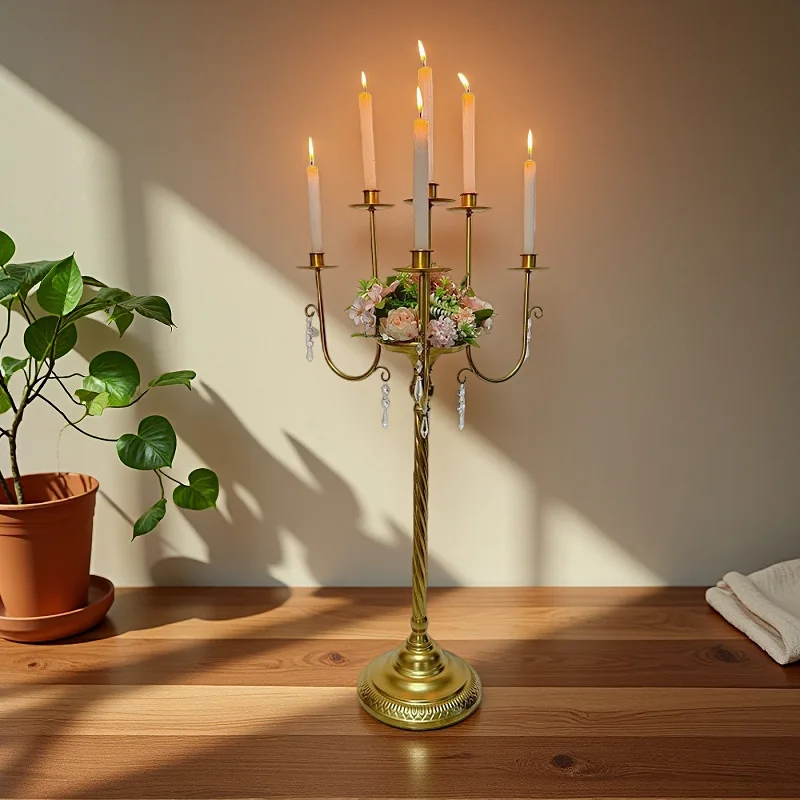 

6PCS Romantic Decoration Golden Candlestick Multi-Head Crystal Pendant Candlebra Wedding Table Centerpiece Display Candle Stand