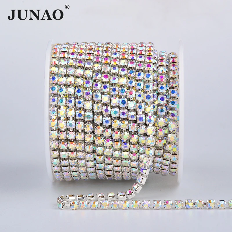 JUNAO 10 Yards SS6 8 10 12 16 18 Silver Clear Sewing Glass Rhinestone Chain Metal Trim Strass Applique For Clothes Jewelry