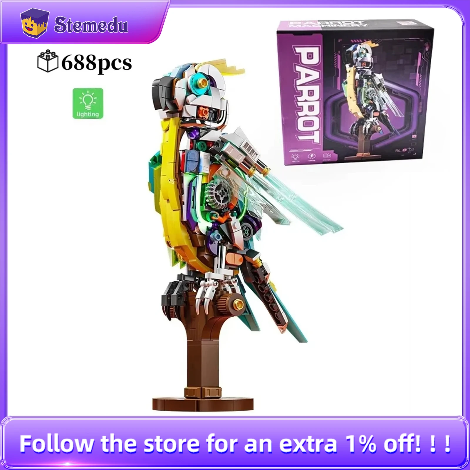 

543 шт. механический строительный блок с попугаем, подвижная модель животного, набор кирпичей со светом, украшение для рабочего стола, детские игрушки «сделай сам», подарки