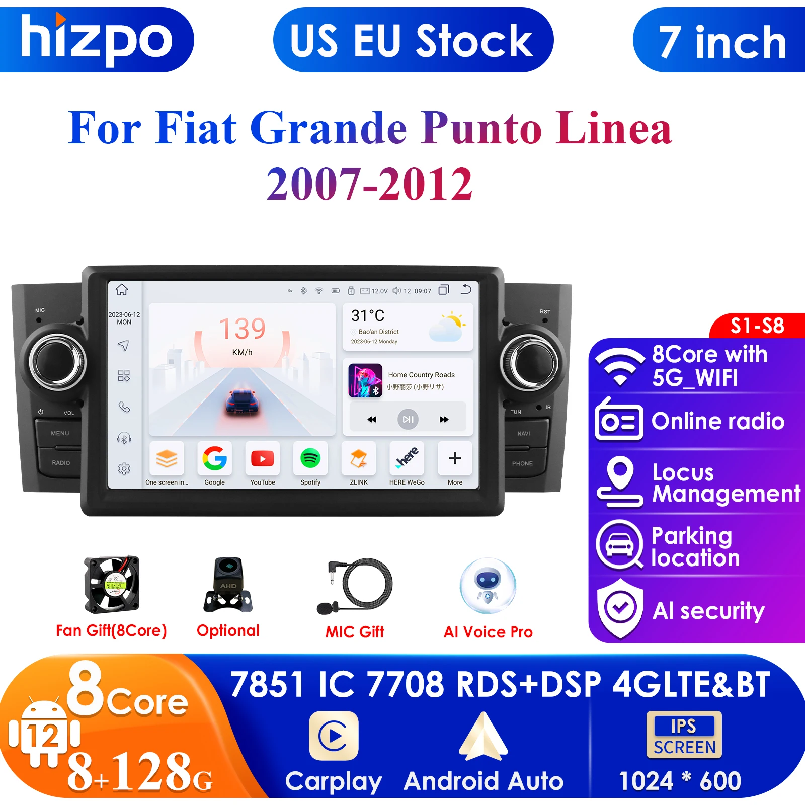 7862 7Inch Android 13 Car Radio For Fiat Linea Grande Punto 2007-2012 1Din Carplay Navigation Multimedia Player Stereo Head Unit