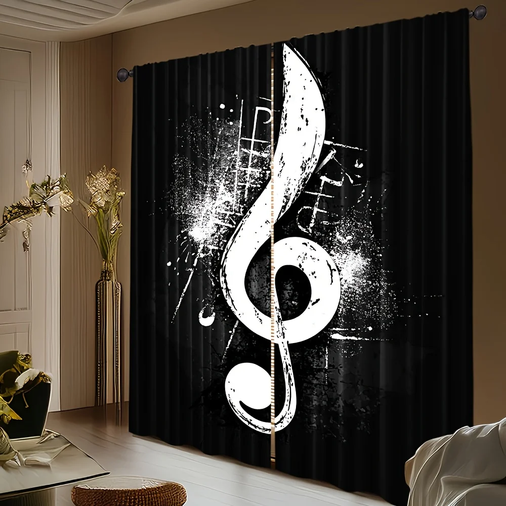 2 Panels Music Notes Curtains Black White Treble Clef Design for Living Room Bedroom Kitchen Office Studio Music Room Decor