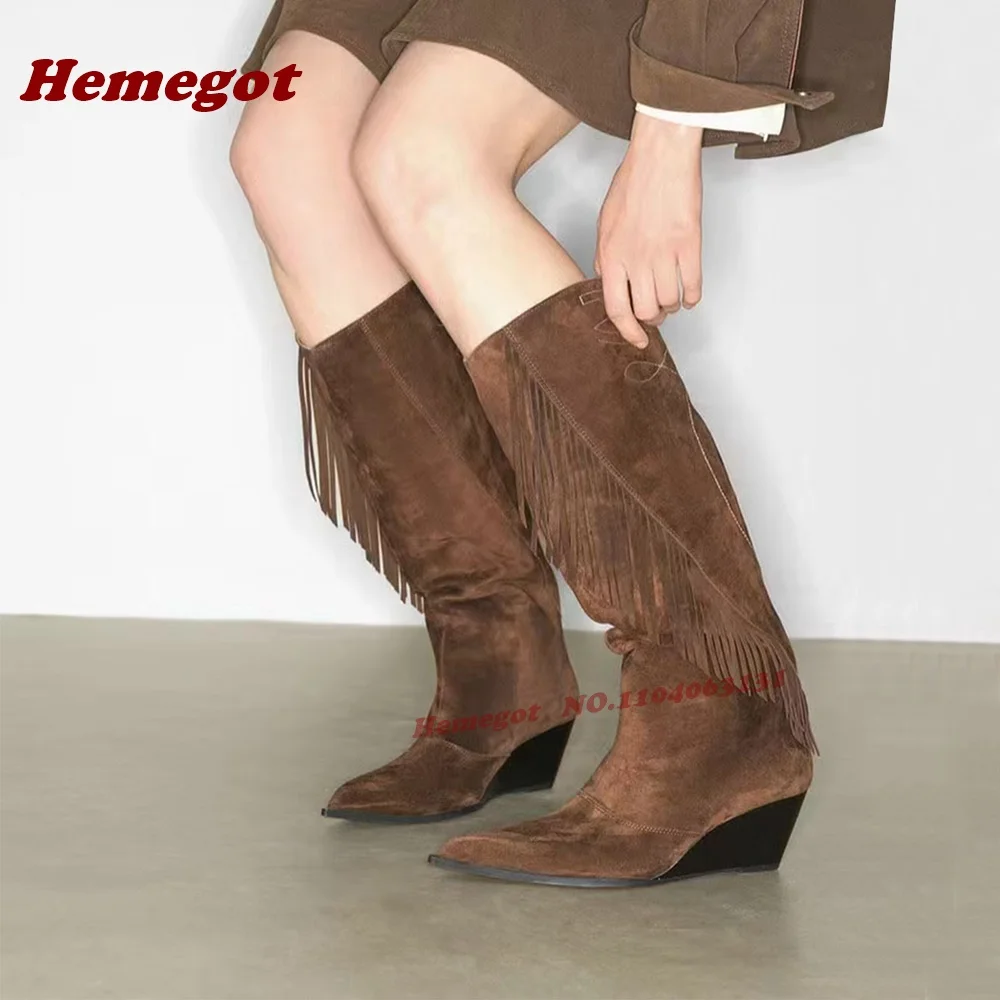 

Замшевые сапоги до колена на танкетке с бахромой, зимние сапоги с острым носком и кисточками для женщин, теплая повседневная обувь-гладиатор, роскошные пикантные ботинки большого размера