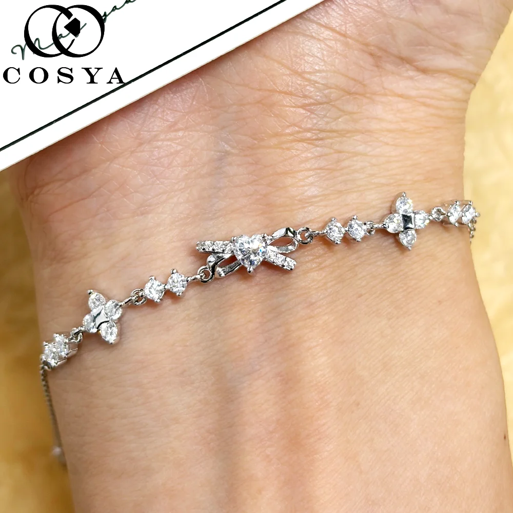 

COSYA Full Moissanite Bracelet For Women 100% S925 Silver Heart Cut Lab Diamond 4 Leaf Clover Hand Chain Party Fine Jewelry Gift