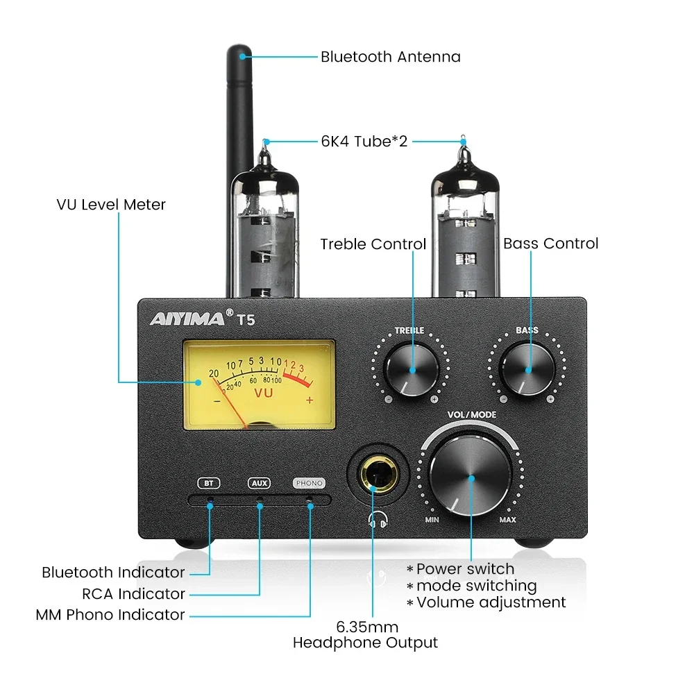 AIYIMA Audio T5 Stereo Phono Amplifier BT QCC3034 Aptx-hd Receiver Mini HiFi Amp for Turntable Phonograph Preamp 160Wx2