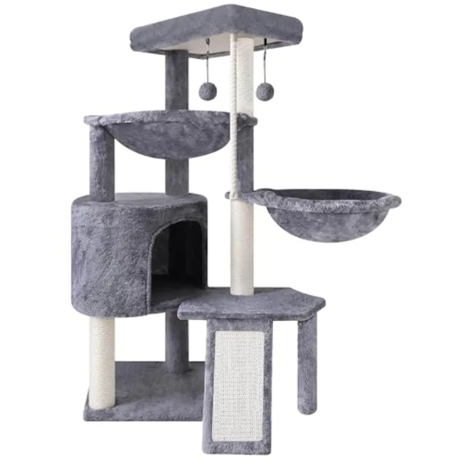 Three Layer Cat Tree with Cat Condo Scratch Pad and Two Hammocks, 3-Tier Cat Tree, Natural Sisal, Replaceable Hanging Balls, St