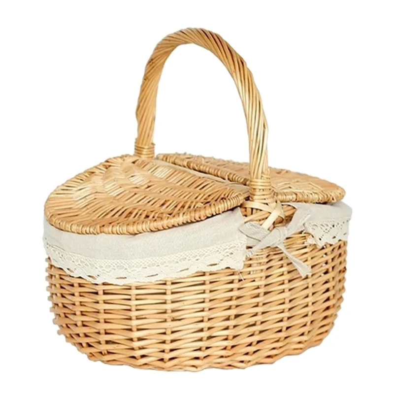 

Picnic BBQ Photography Props Handmade Woven Storage Bag with Handle Lids Portable Basket Picnic Photography Props