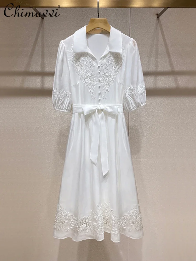 French Gentle Fairy Style Hollow Out Embroidery Lapel Puff Sleeve Single-breasted High Waist Lace-up Slim White Long Dress Women