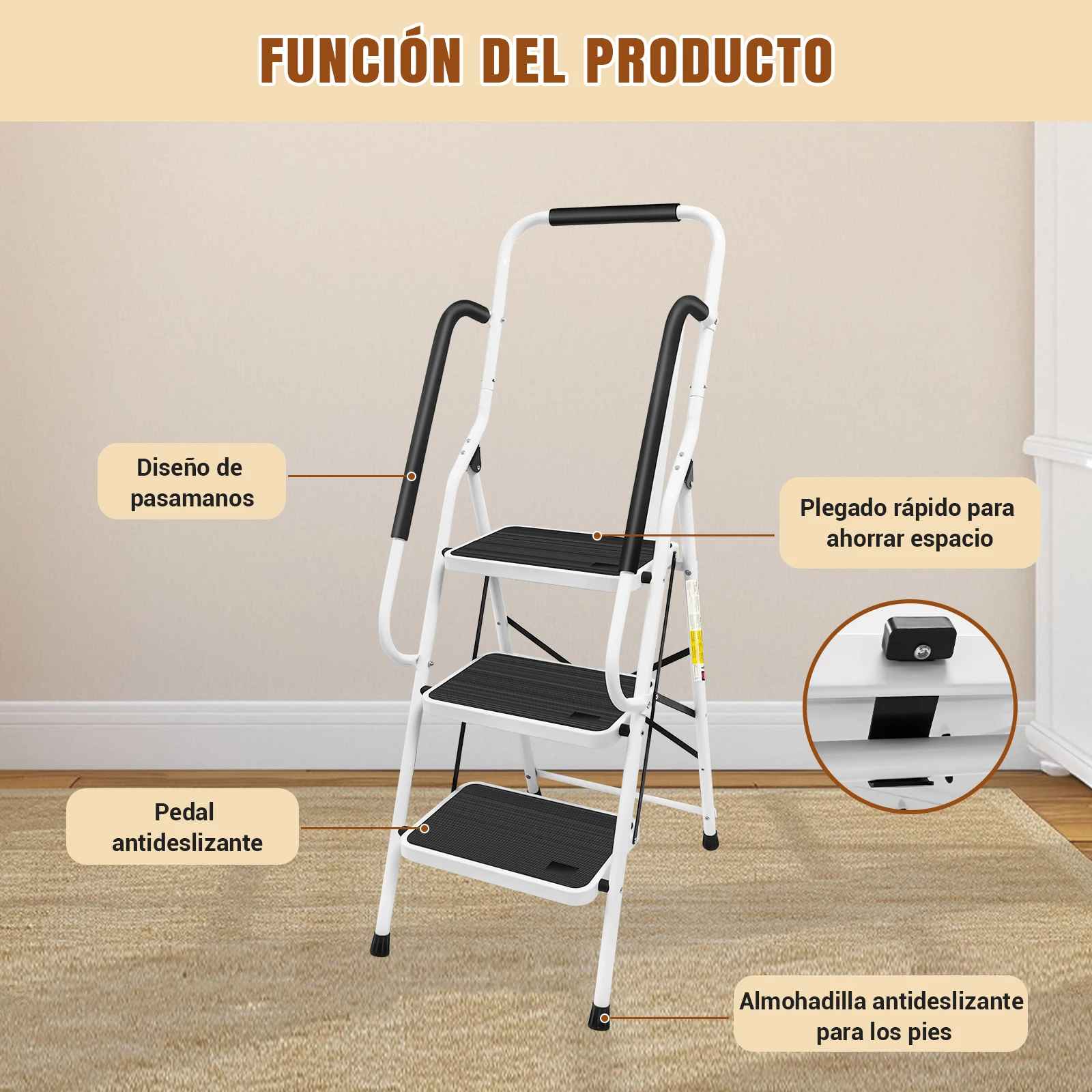 Escalera plegable de 3 peldaños de acero, antideslizante, con capacidad de carga de 150 kg, con barandilla, para el hogar, garaje, tareas domésticas y bricolaje.